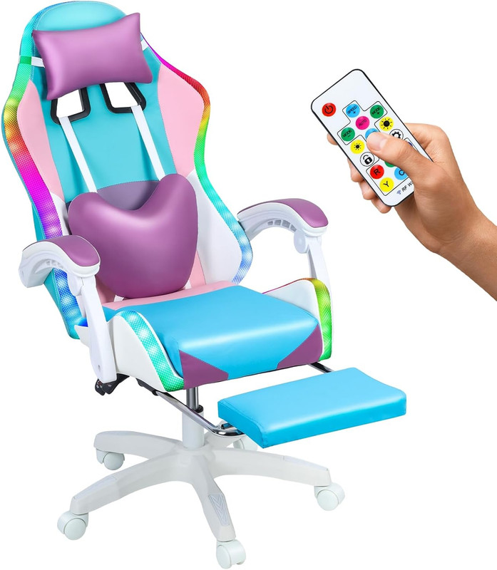 Gaming Chair with Speakers and RGB LED Lights,Girl Video Chair,Ergonomic Compute