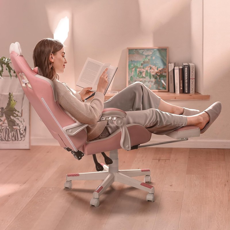 Pink Gaming Chair Cute W/ Cat Ears & Cat Paw Lumbar Cushion Ergonomic Computer gallery