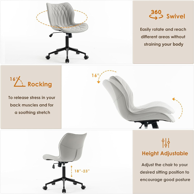 Comfy Armless Desk Chair with Wheels - Modern Ergonomic Swivel Chair (Gray) gallery