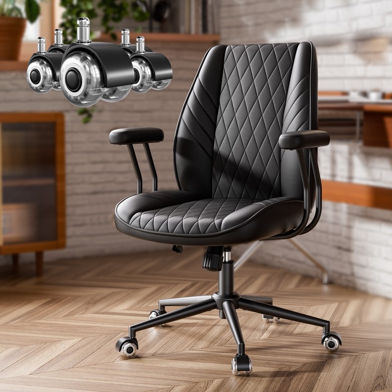Mid Century Office Chair Quiet Rollers Adjustable Height Padded Arms PU Leather