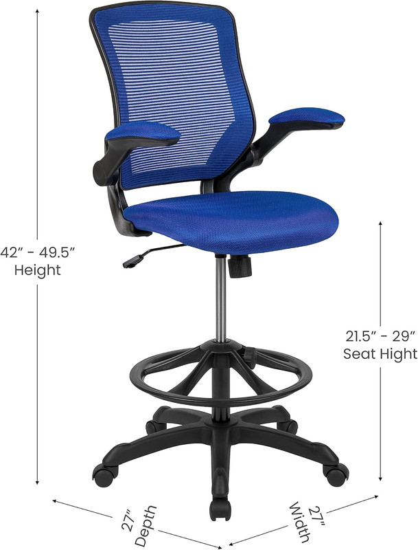 Blue Mesh Ergonomic Drafting Chair with Adjustable Foot Ring & Flip-Up Arms gallery