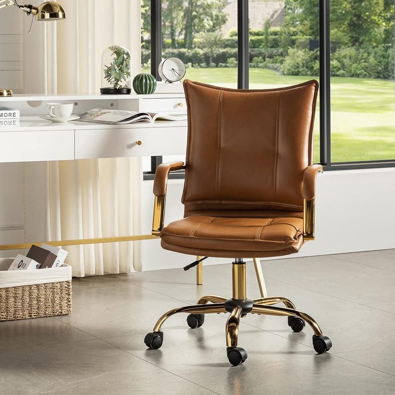 Faux Leather Home Office Desk Chair Adjustable Swivel Computer Chair W/ Golden