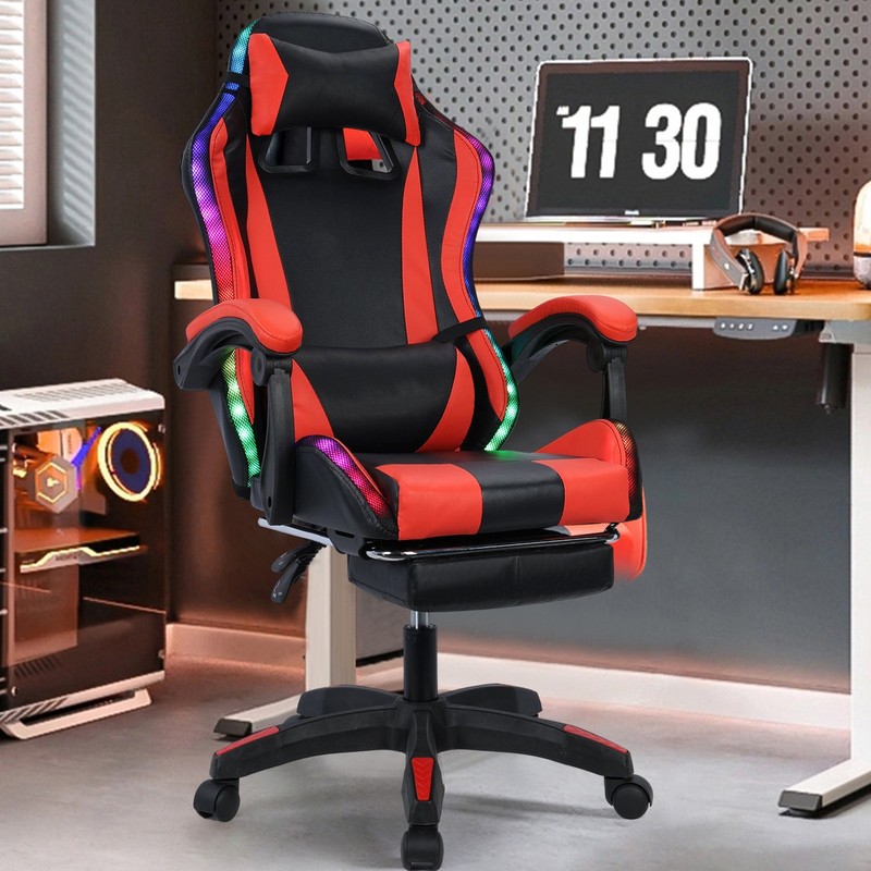 Gaming Chair Bluetooth Speakers LED Height Adjustable Reclining Faux Leather