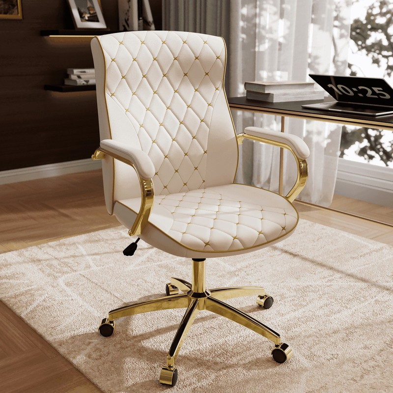 HomeZeer White and Gold Office Chair, Ergonomic High Back Executive Desk Chair w