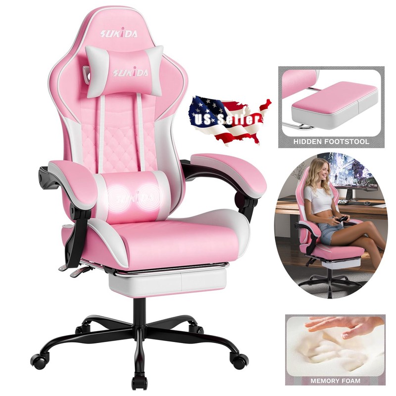 Pink Gaming Comfy Computer Chair With Footrest For Girls Ergonomic