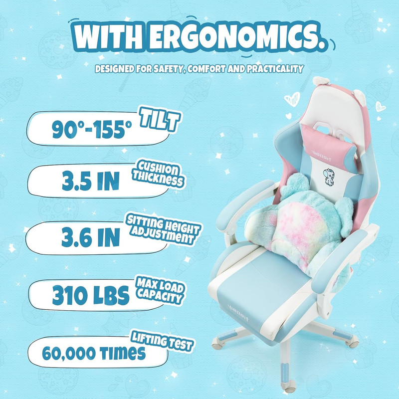 Cute Cat Ears Gaming Chair, Girly Ergonomic Computer Chair with High Back, 360° gallery