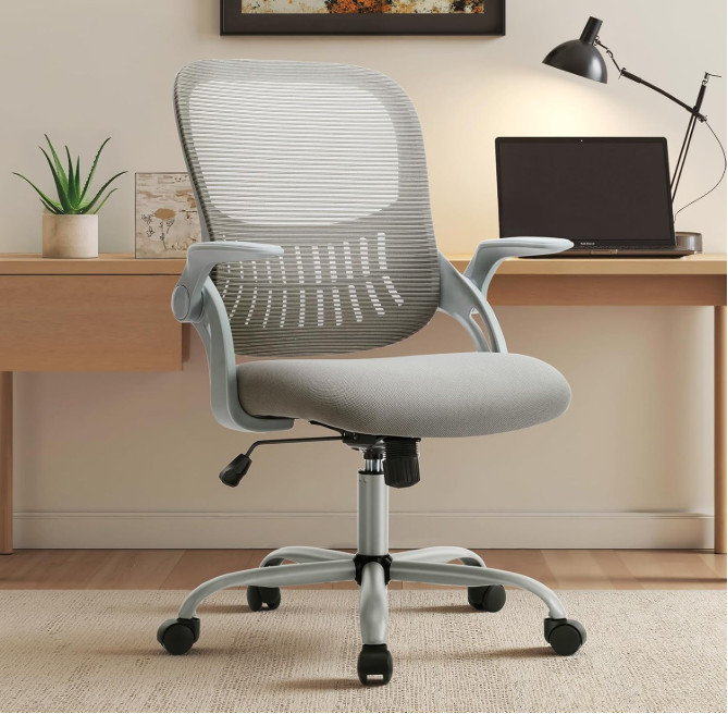 Silla Oficina Ergonómica Respaldo Medio Malla Giratoria Brazos Abatibles Gris