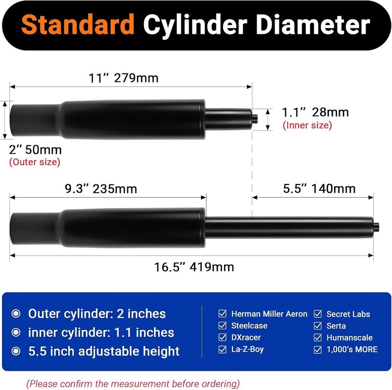 5.5" Short Office Chair Cylinder Replacement - Heavy Duty 1000lbs Class 4 Hydrau gallery