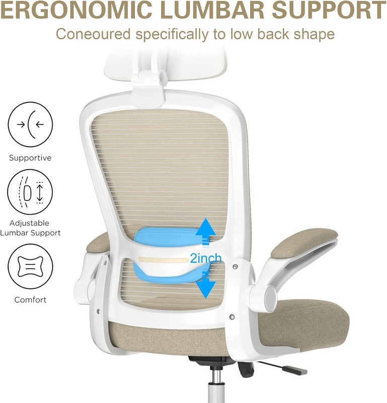 Deluxe Office Chair Beige Swivel Adjustable Lumbar Headrest Flip Arms gallery