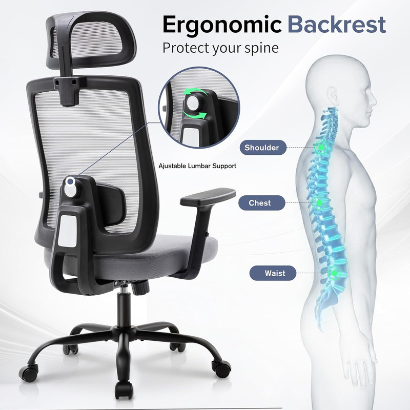Set of 2 Ergonomic Mesh Office Chairs with Headrest and Flip-Up Arms, Grey gallery