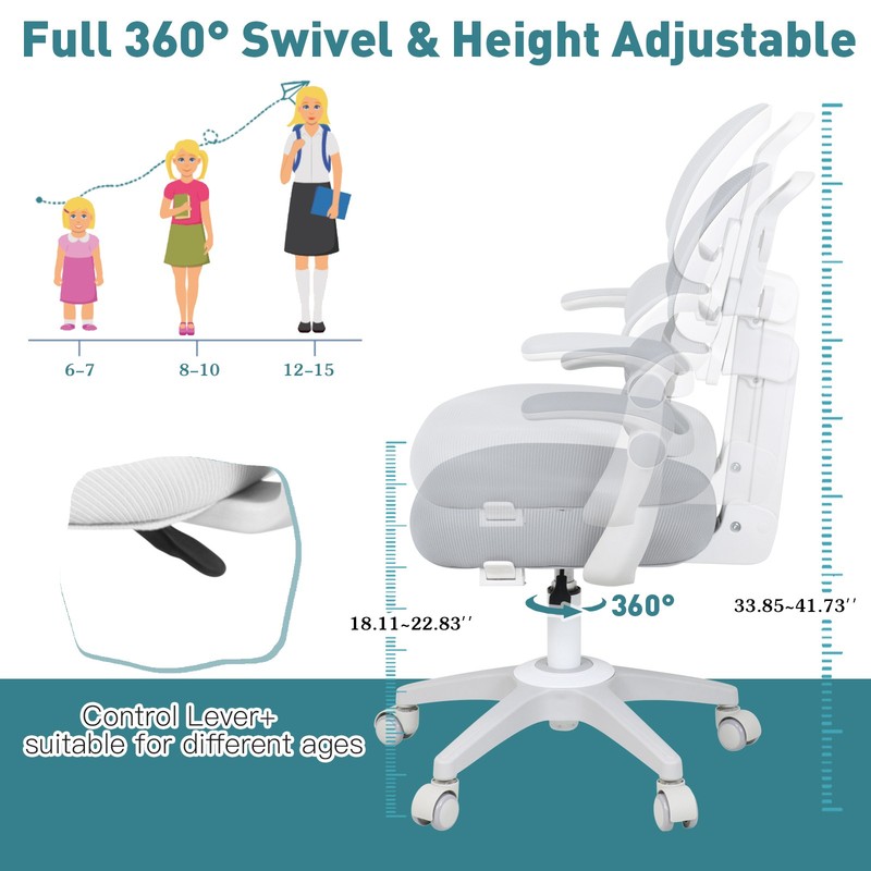 Height Adjustable Kids Study Back-following Chair Ergonomic Lockable 360° Gray gallery