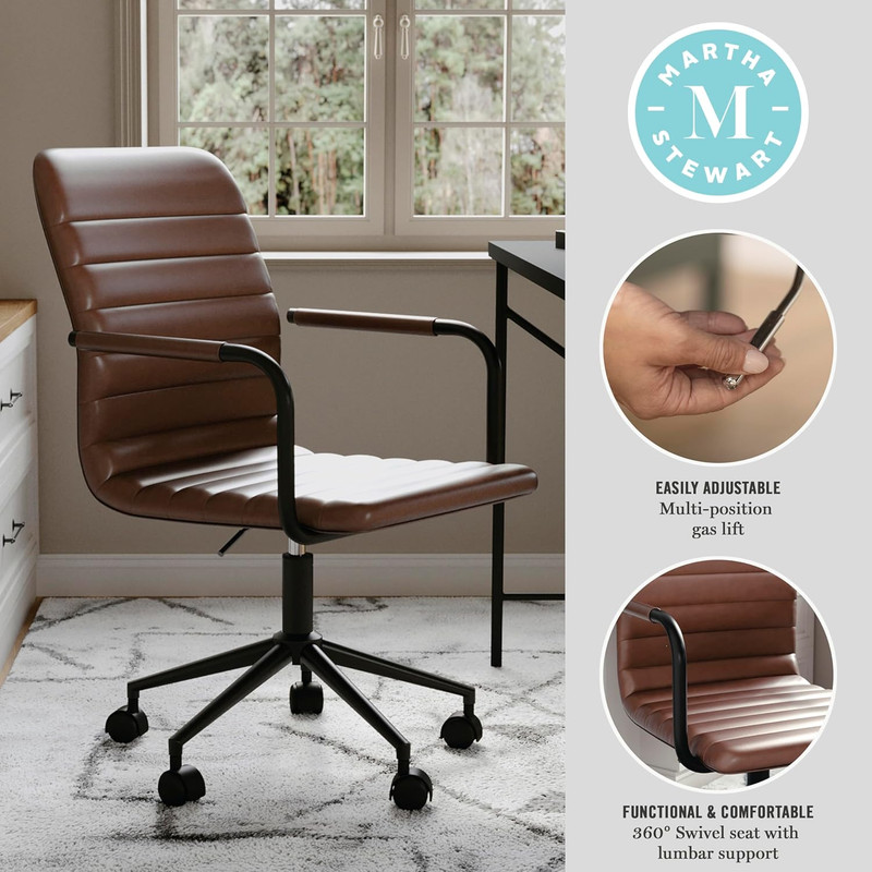 Saddle Brown Faux Leather Swivel Task Chair with Armrests and Bronze Frame gallery