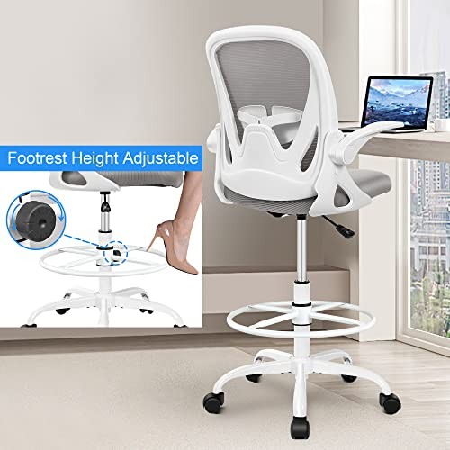 Primy Ergonomic Drafting Chair with Flip-up Armrests Tall Office Chair Grey gallery