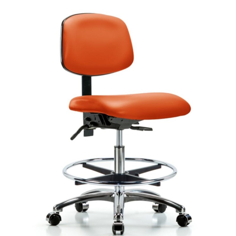 Vinyl Chair Chrome - Medium Bench Height with Chrome Foot Ring & Casters Orange