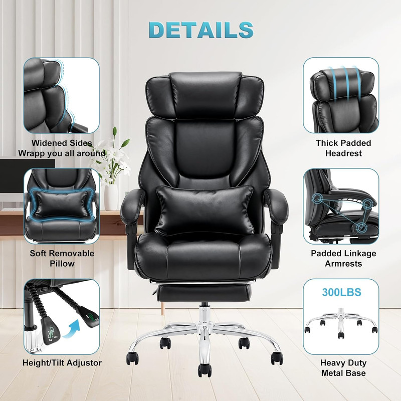 Ergonomic Office Chair with Footrest, Reclining High Back, Black Leather gallery
