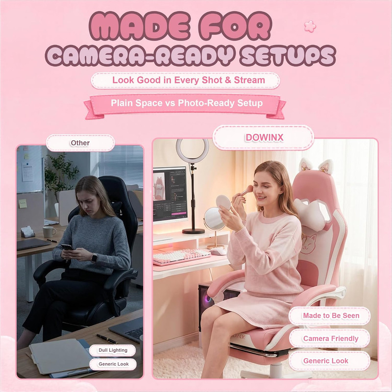 Dowinx Pink Gaming Chair with Cat Ears and Massage Lumbar Support, Ergonomic Com gallery