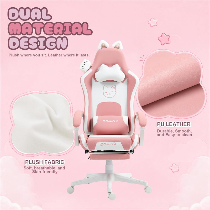 Dowinx Pink Gaming Chair with Cat Ears and Massage Lumbar Support, Ergonomic Com gallery