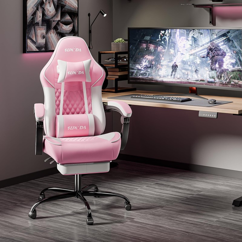 Pink Gaming Comfy Computer Chair With Footrest For Girls Ergonomic gallery