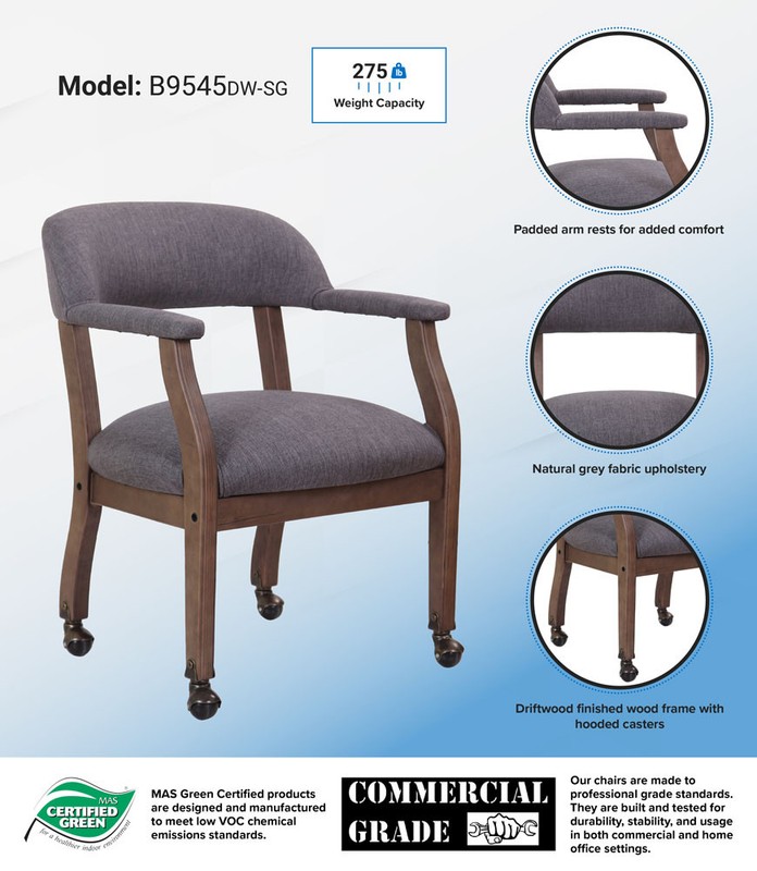 Boss Modern Captain's Chair in Slate Grade Commercial Grade Linen With Casters gallery