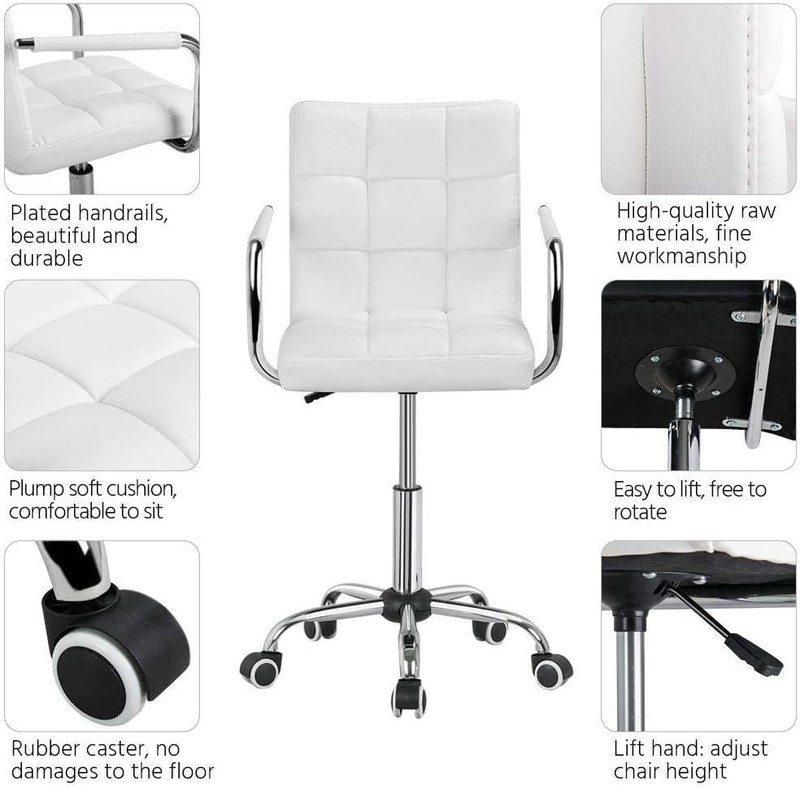 Modern White Desk Chair with Wheels, Armrests & 360° Swivel - Adjustable PU Leat gallery