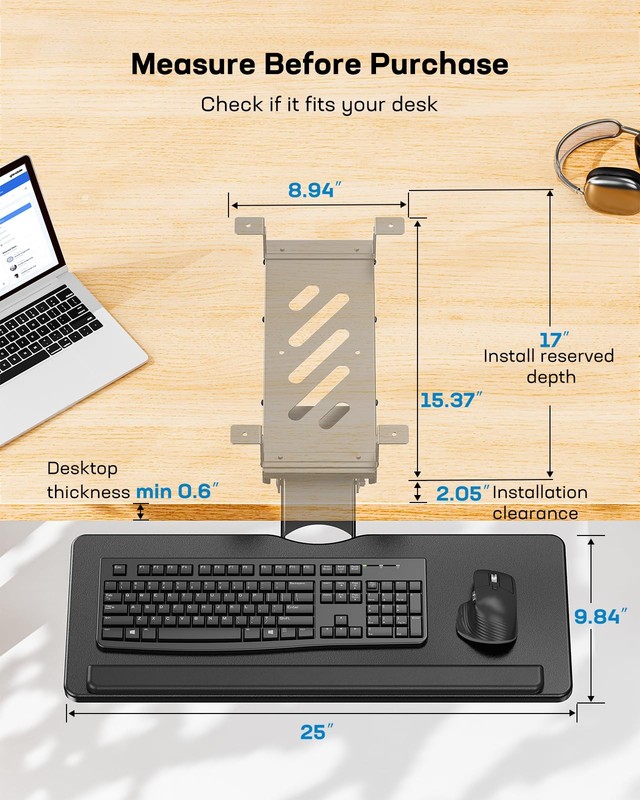 Adjustable Under Desk Keyboard Tray Ergonomic Mouse Holder Smooth Sliding 25x10 gallery