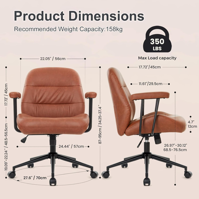 Leather Office Chair with Removable Armrests，Mid-Back Ergonomic Desk Chair with gallery