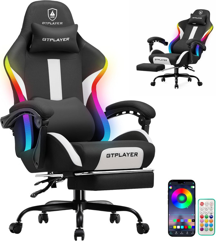 RGB Gaming Chair with Footrest, LED Lights, Ergonomic Computer Chair with Linkag