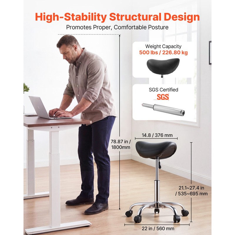 Uimoso Adjustable Saddle Stool with Wheels, 500 lbs Capacity, Black gallery