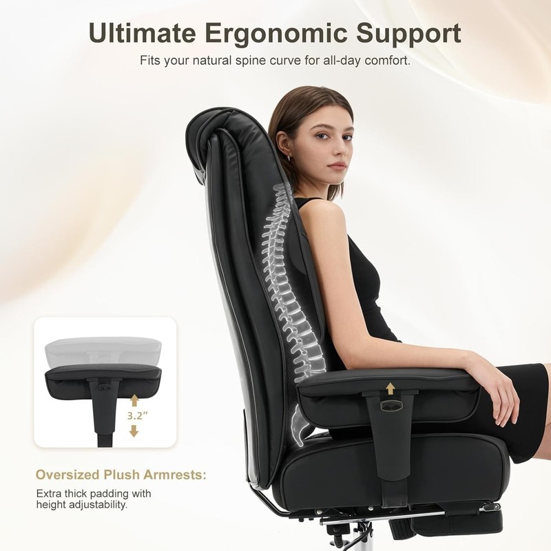 Big and Tall Office Chair 400lbs Wide Seat, Leather High Back Executive Offic... gallery