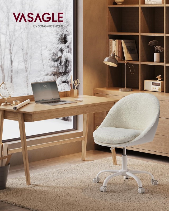 Vanity Chair with Back, Adjustable Swivel Cute Desk Chair with Wheels, Sherpa... gallery
