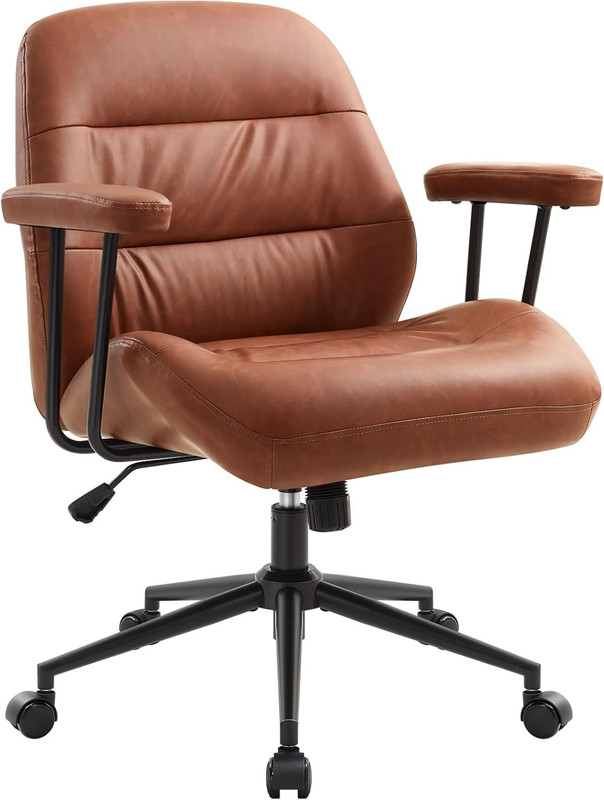 Leather Office Chair with Removable Armrests，Mid-Back Ergonomic Desk Chair with