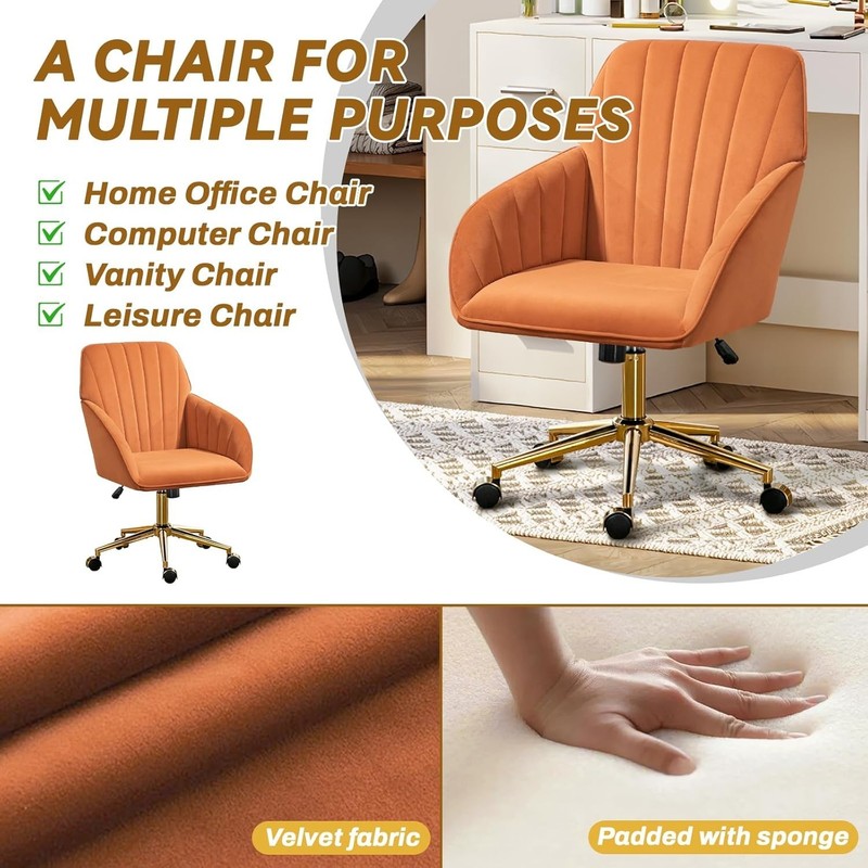 Home Office Desk Chair Comfy Swivel Wheels, Velvet Harvest Orange gallery