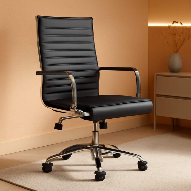Ribbed Mid Back PU Leather Desk Chair Adjustable Black