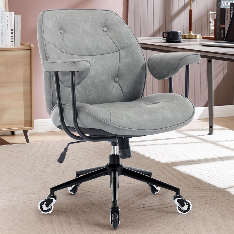 Home Office Desk Chair Retro Faux Leather Chair with Lumbar Support &Rubber W…