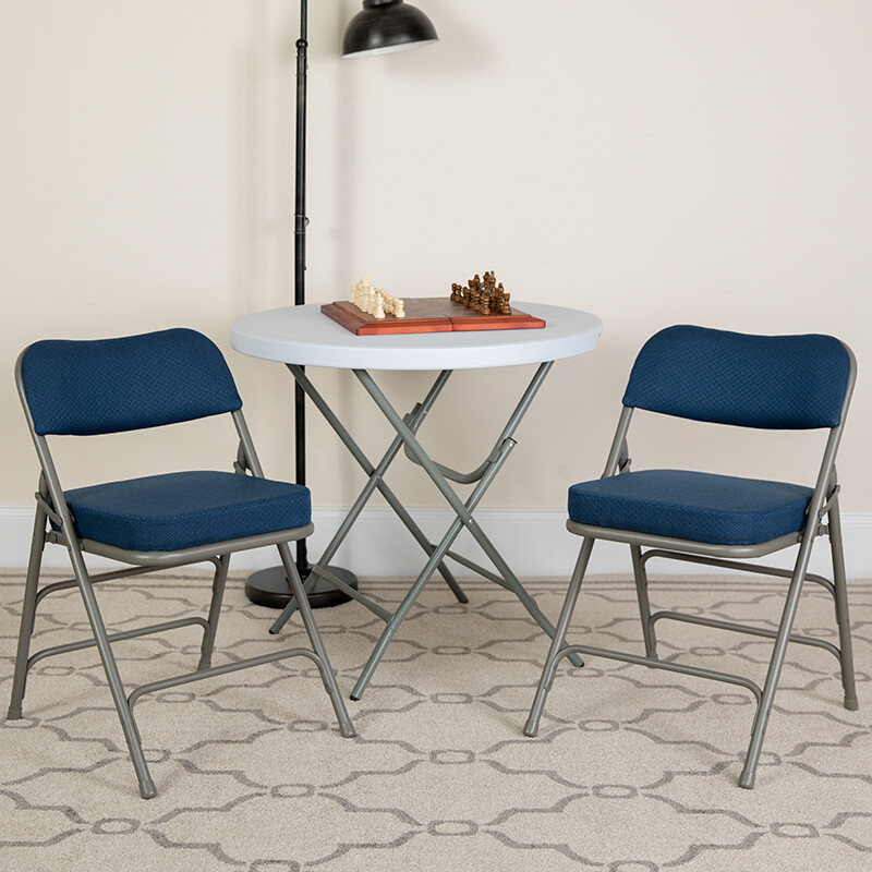 Metal Folding Chair with Navy Fabric, Triple Braced & Double-Hinged Design gallery