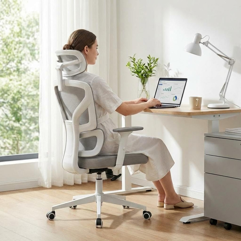 Adjustable Ergonomic Office Chair with Lumbar Support and Headrest – Grey