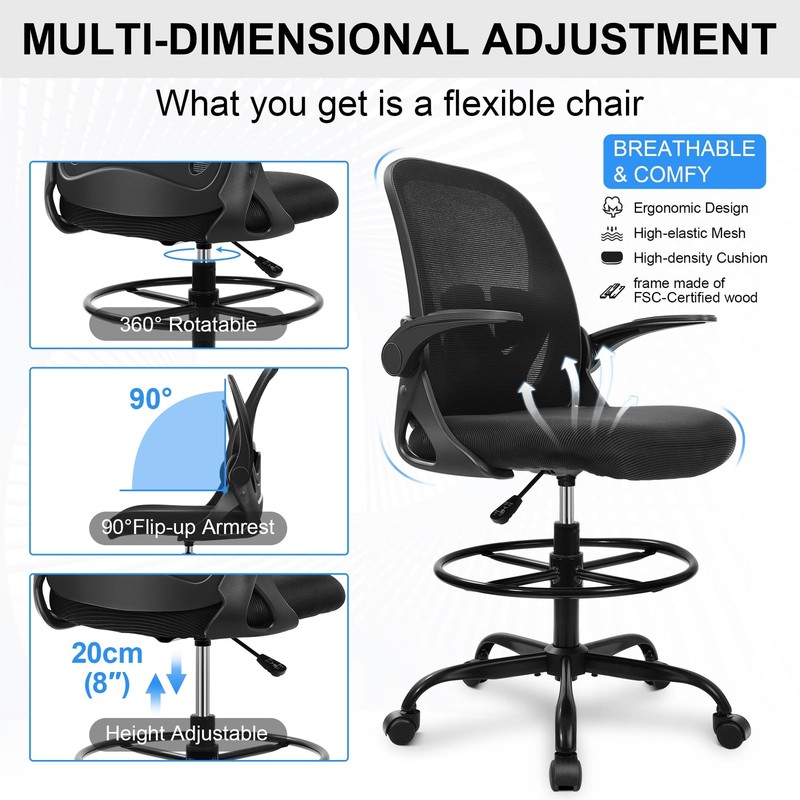 Primy Drafting Chair Tall Office Chair with Flip-up Armrests Executive Ergonomic gallery