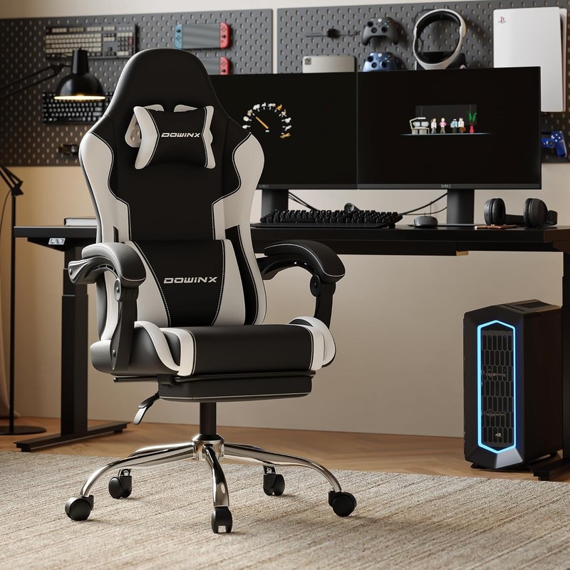 White & Black Gaming Chair with Adjustable Footrest, 330lbs Capacity gallery