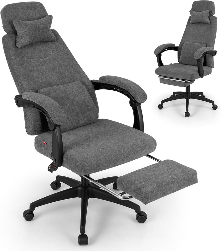 Ergonomic Reclining Office Chair with Footrest, Neck & Lumbar Support, Gray