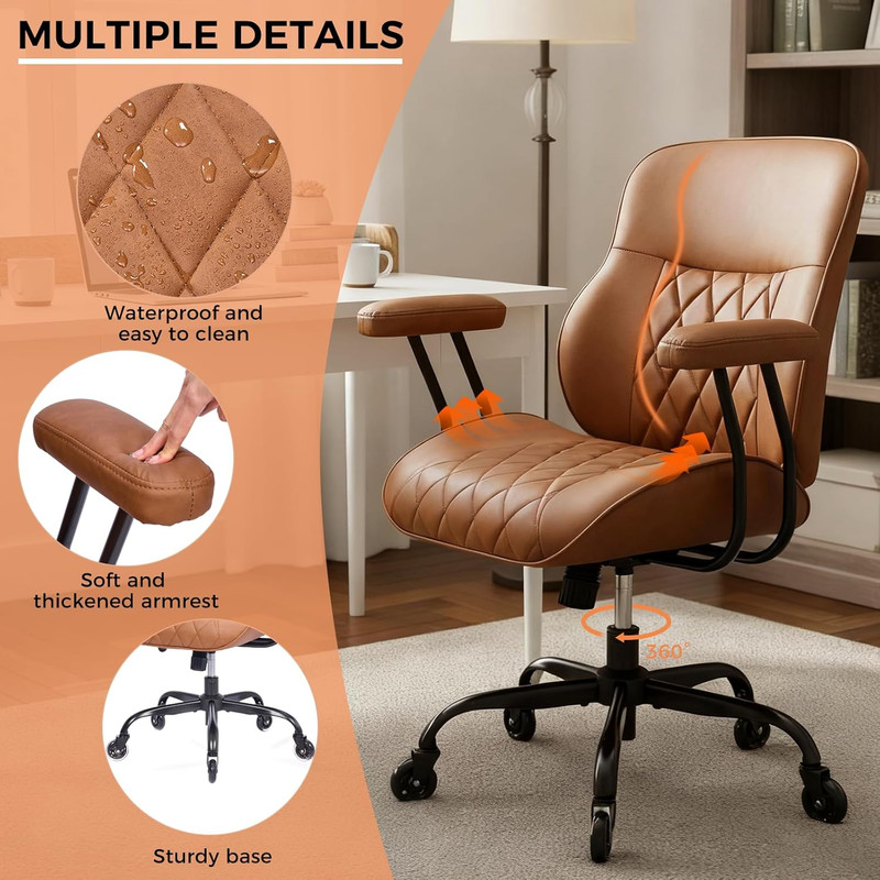 BEWISHOME Brown Leather Office Chair– Features Rubber Wheels and Lumbar Support gallery
