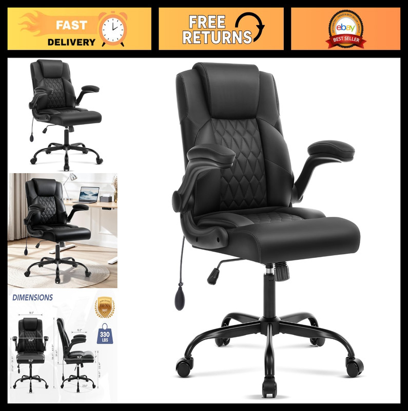 Leather Ergonomic Office Chair with Inflatable Lumbar Support, Flip-Up Arms