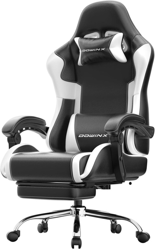 White & Black Gaming Chair with Adjustable Footrest, 330lbs Capacity gallery