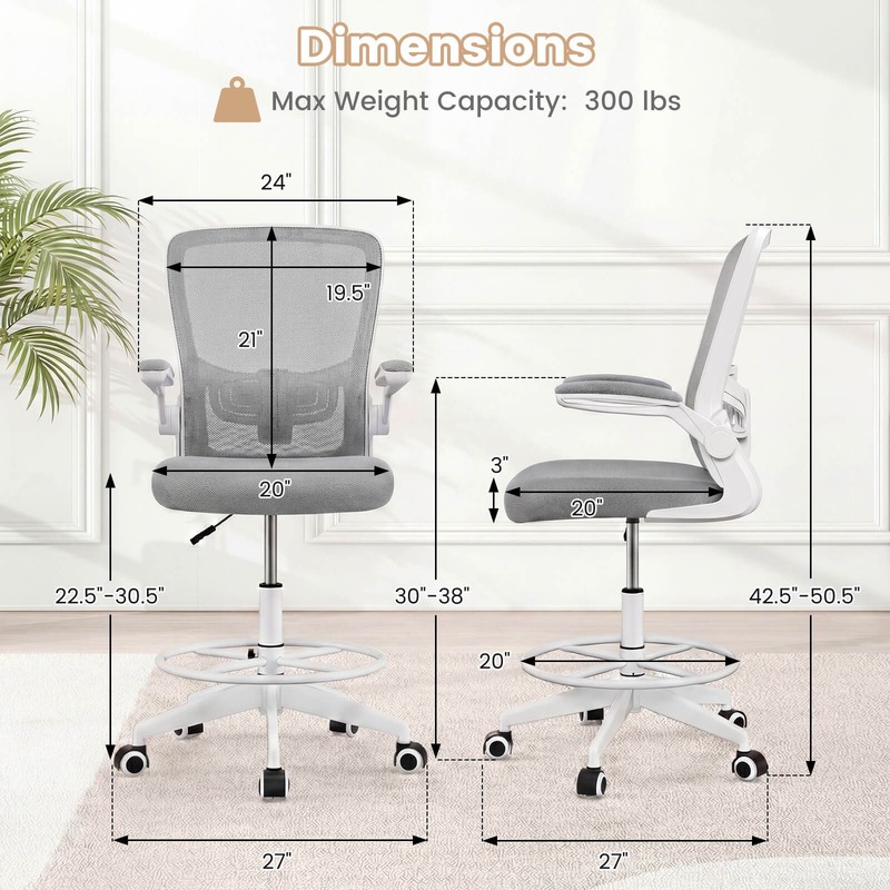 Home Office Drafting Chair w/Flip-Up Armrests Adjustable Footrest Ring for Study gallery