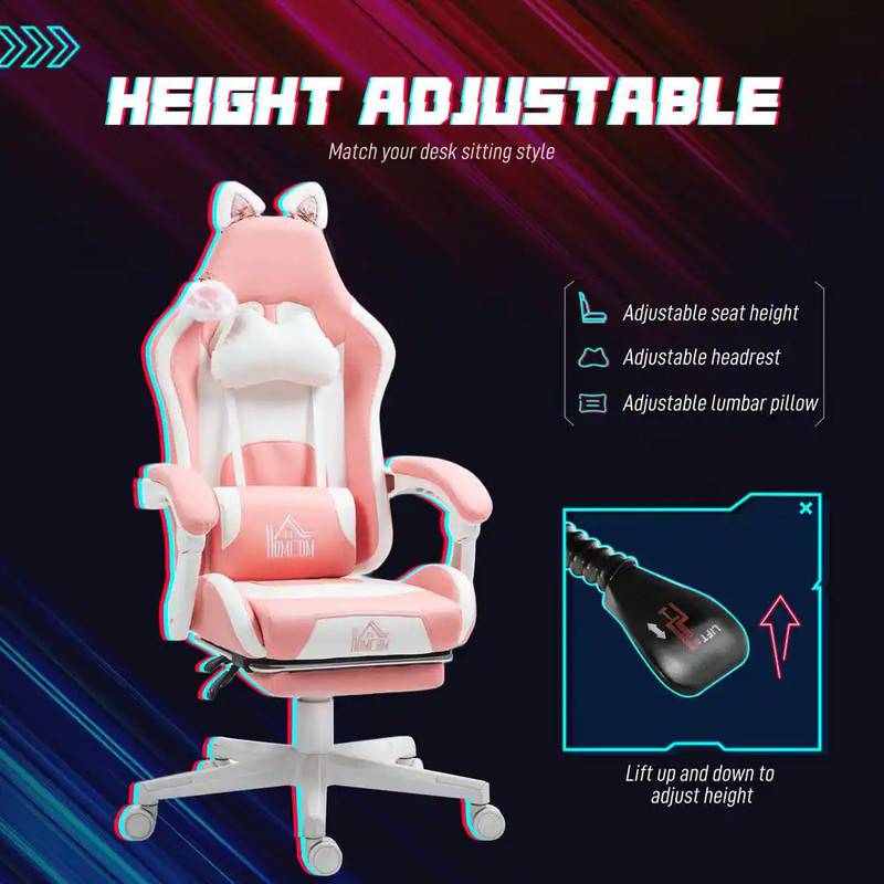 Cute Gaming Chair, Reclining Computer Chair with Footrest, Height Adjustable Fau gallery