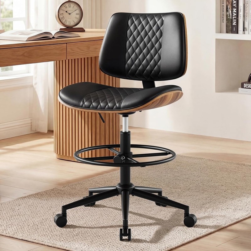 Adjustable Drafting Chair with Footrest, Modern Ergonomic Swivel Stool – Black