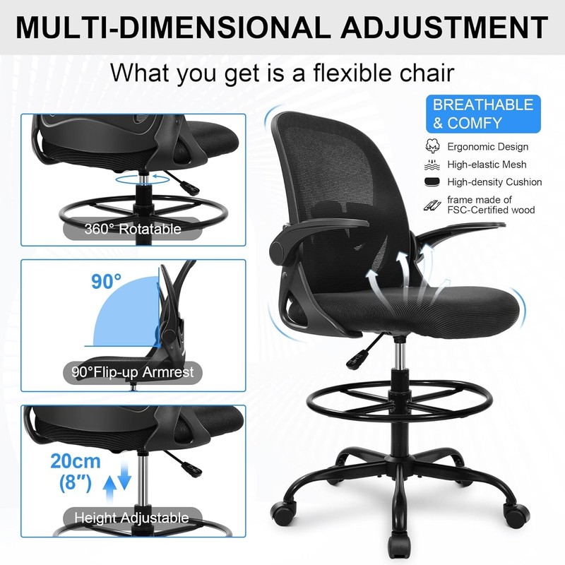 Tall Black Office Chair with Lumbar Support & 360° Swivel - Perfect for Desks gallery