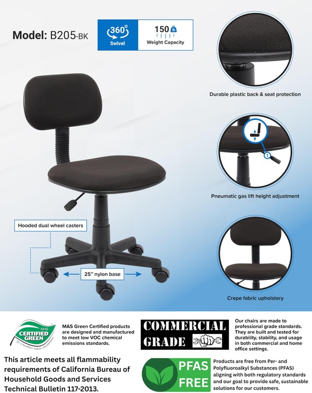 Fabric Steno Chair in Black, Low-Back (B205-BK) gallery