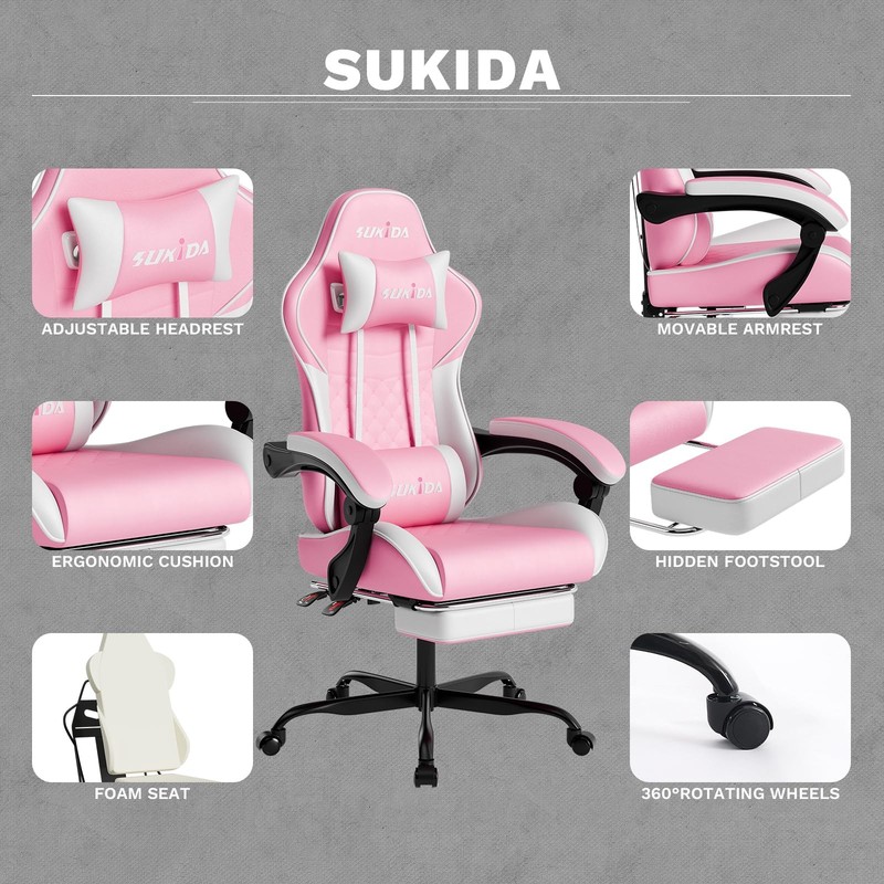 Pink Gaming Comfy Computer Chair With Footrest For Girls Ergonomic gallery