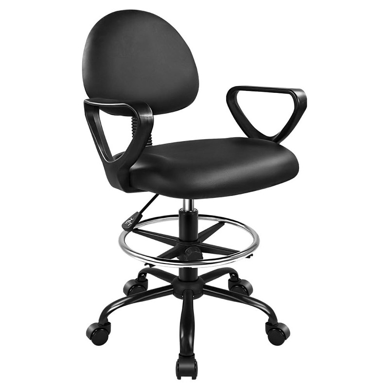 Black Drafting Chair with Footrest Swivel PU Leather Rolling Stool Chair with…