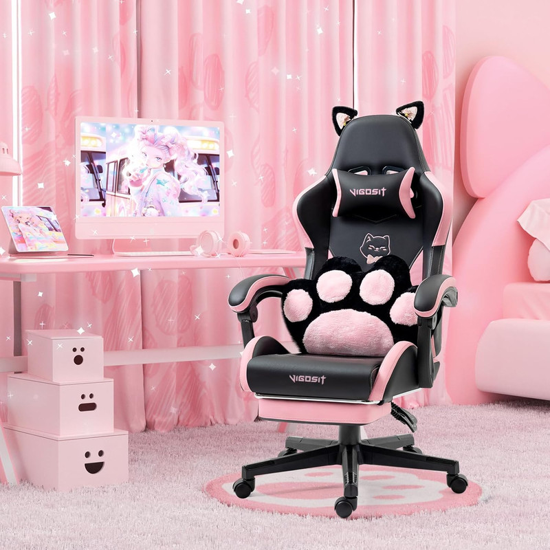 Cute Cat Ears Gaming Chair, Girly Ergonomic Computer Chair with High Back, 360° gallery